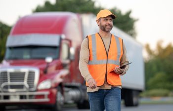 Truck logistics in cargo transportation. Semi-truck delivering for logistics companies. Professional driver operating a freight truck for supply chain logistics. Truck logistics services concept.